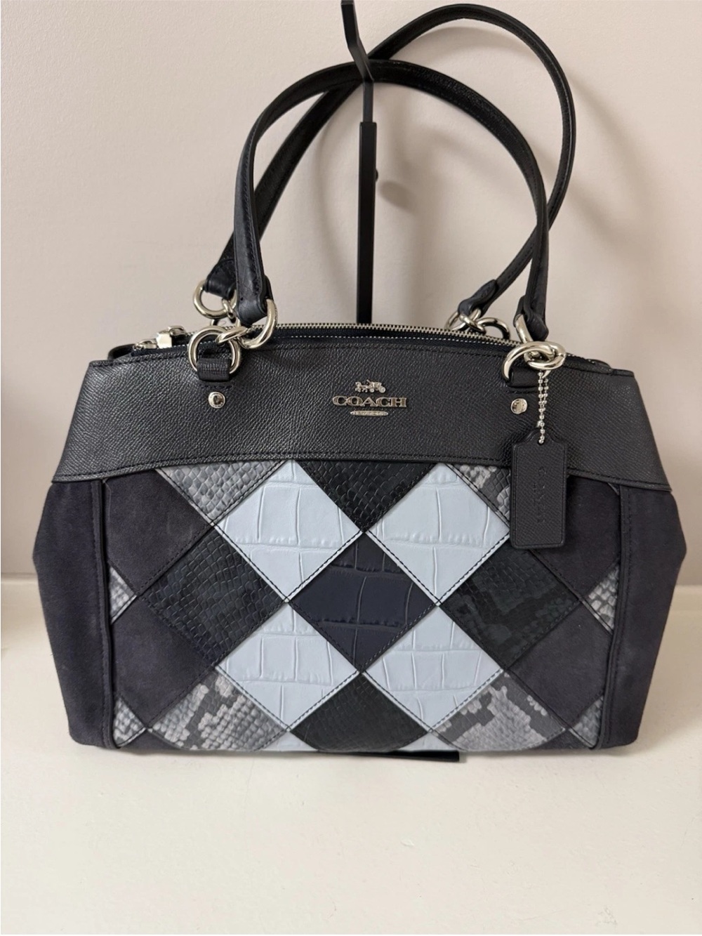 NWOT! Coach Patchwork Leather & Suede Satchel - Black and Light Gray, Blue!